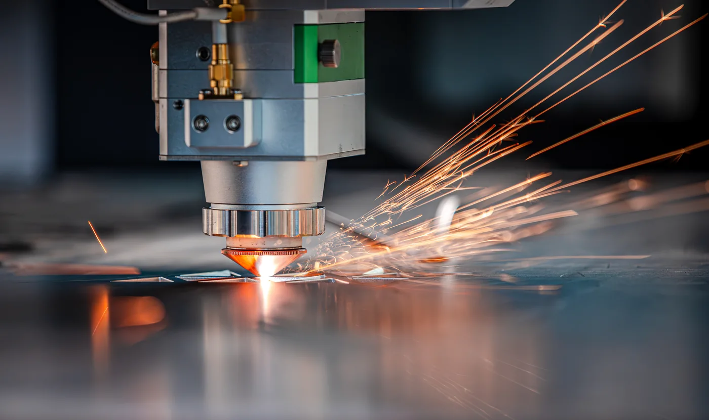 Đầu cắt laser đang cắt tấm kim loại